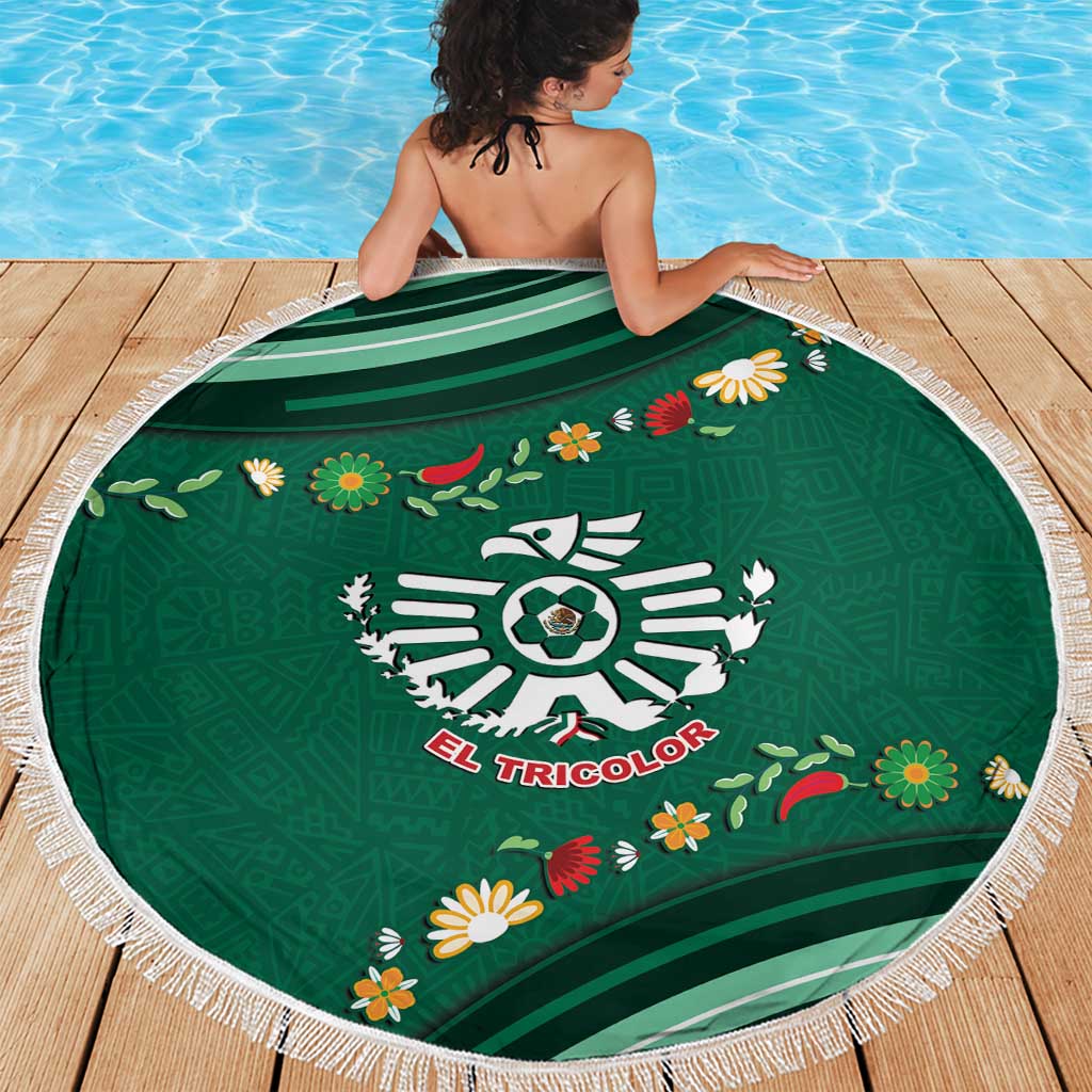 Mexico Football Beach Blanket Aztec Eagle With Mini Floral Patterns