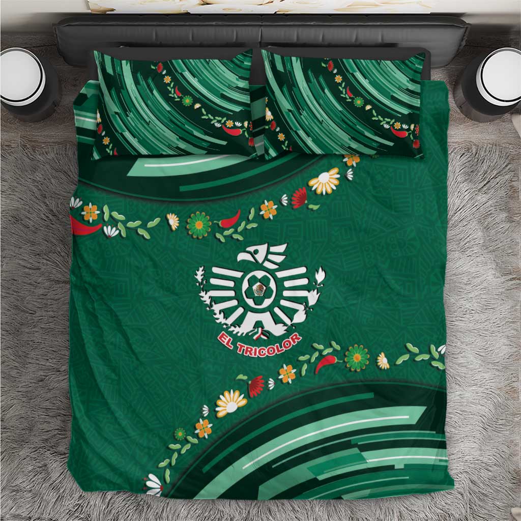 Mexico Football Bedding Set Aztec Eagle With Mini Floral Patterns
