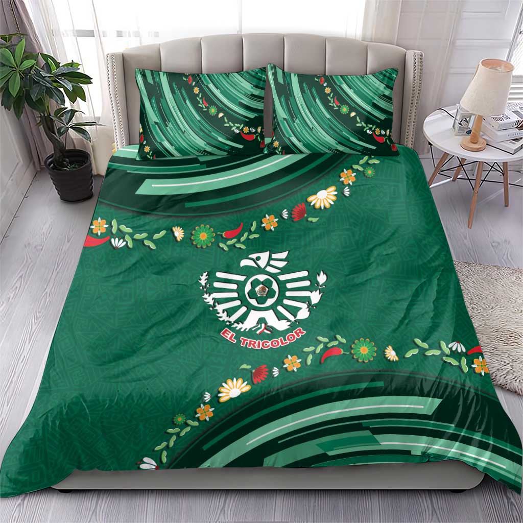 Mexico Football Bedding Set Aztec Eagle With Mini Floral Patterns