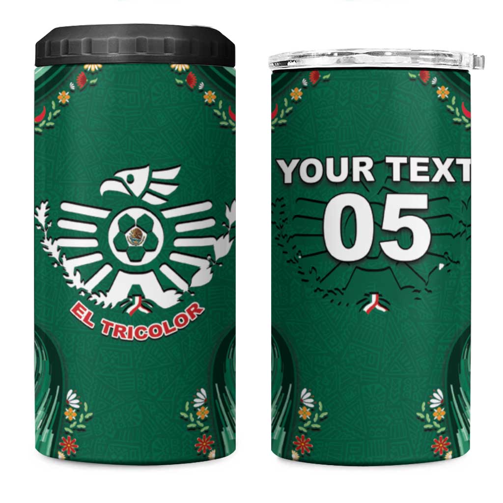 Custom Mexico Football 4 in 1 Can Cooler Tumbler Aztec Eagle With Mini Floral Patterns