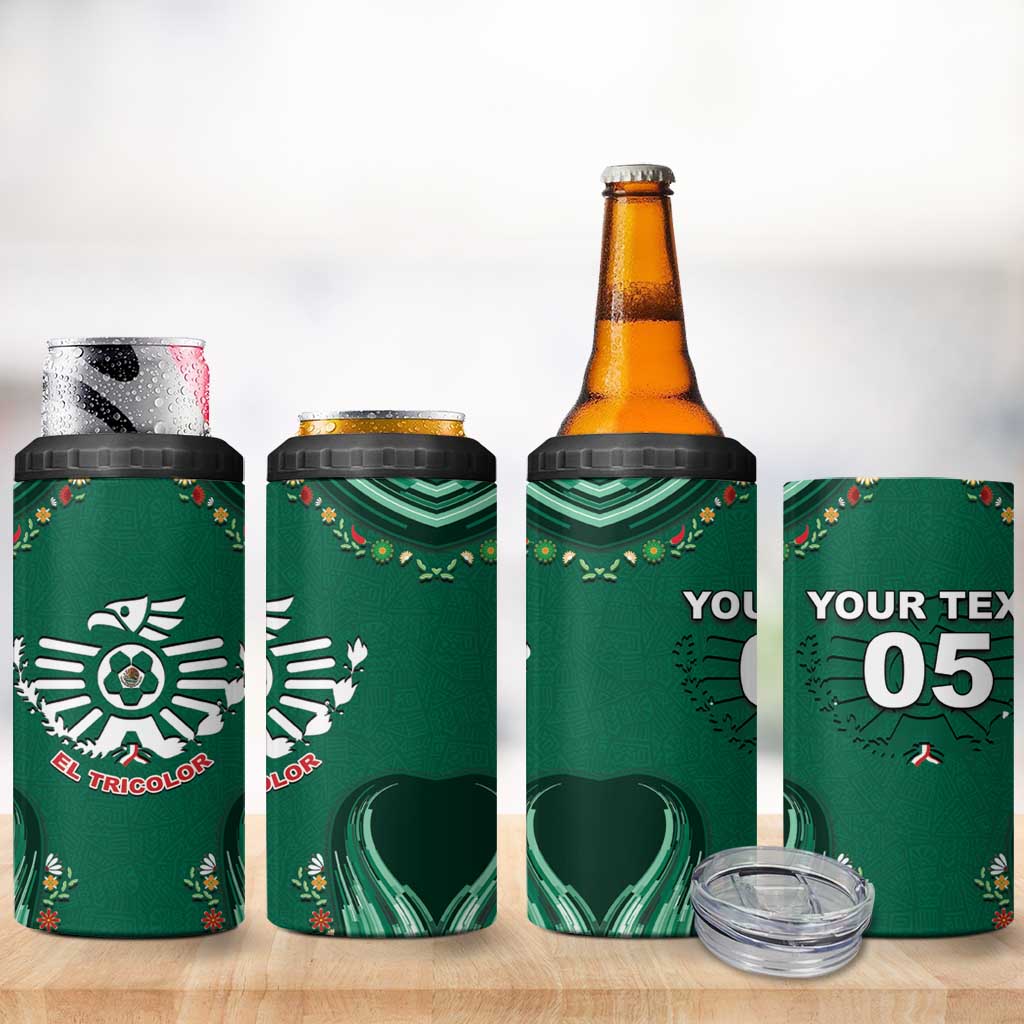 Custom Mexico Football 4 in 1 Can Cooler Tumbler Aztec Eagle With Mini Floral Patterns