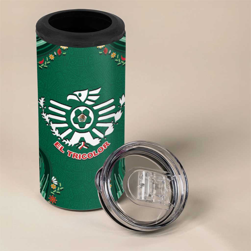 Custom Mexico Football 4 in 1 Can Cooler Tumbler Aztec Eagle With Mini Floral Patterns