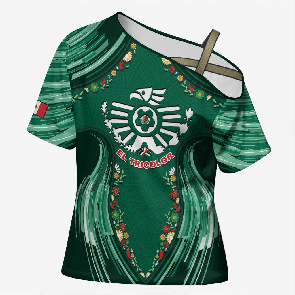 Custom Mexico Football Cross Shoulder Shirt Aztec Eagle With Mini Floral Patterns