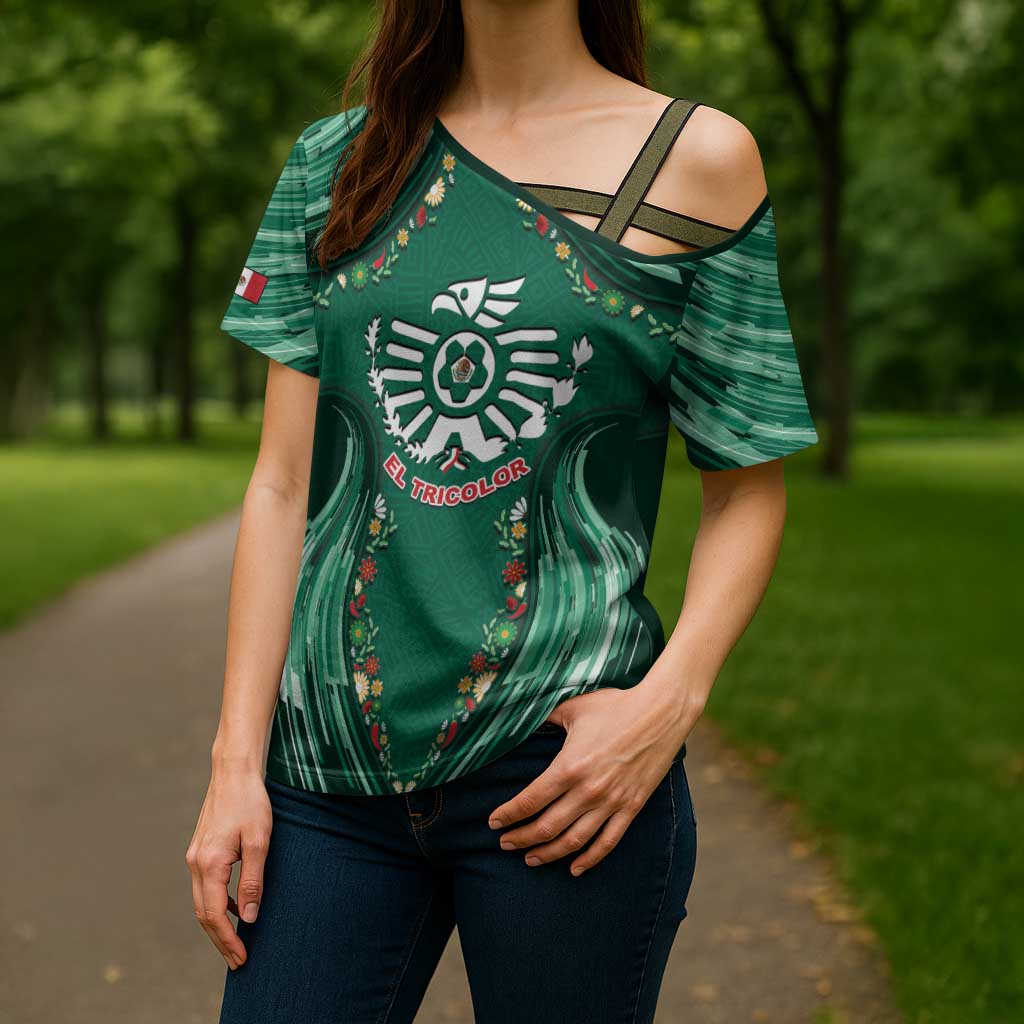 Custom Mexico Football Cross Shoulder Shirt Aztec Eagle With Mini Floral Patterns