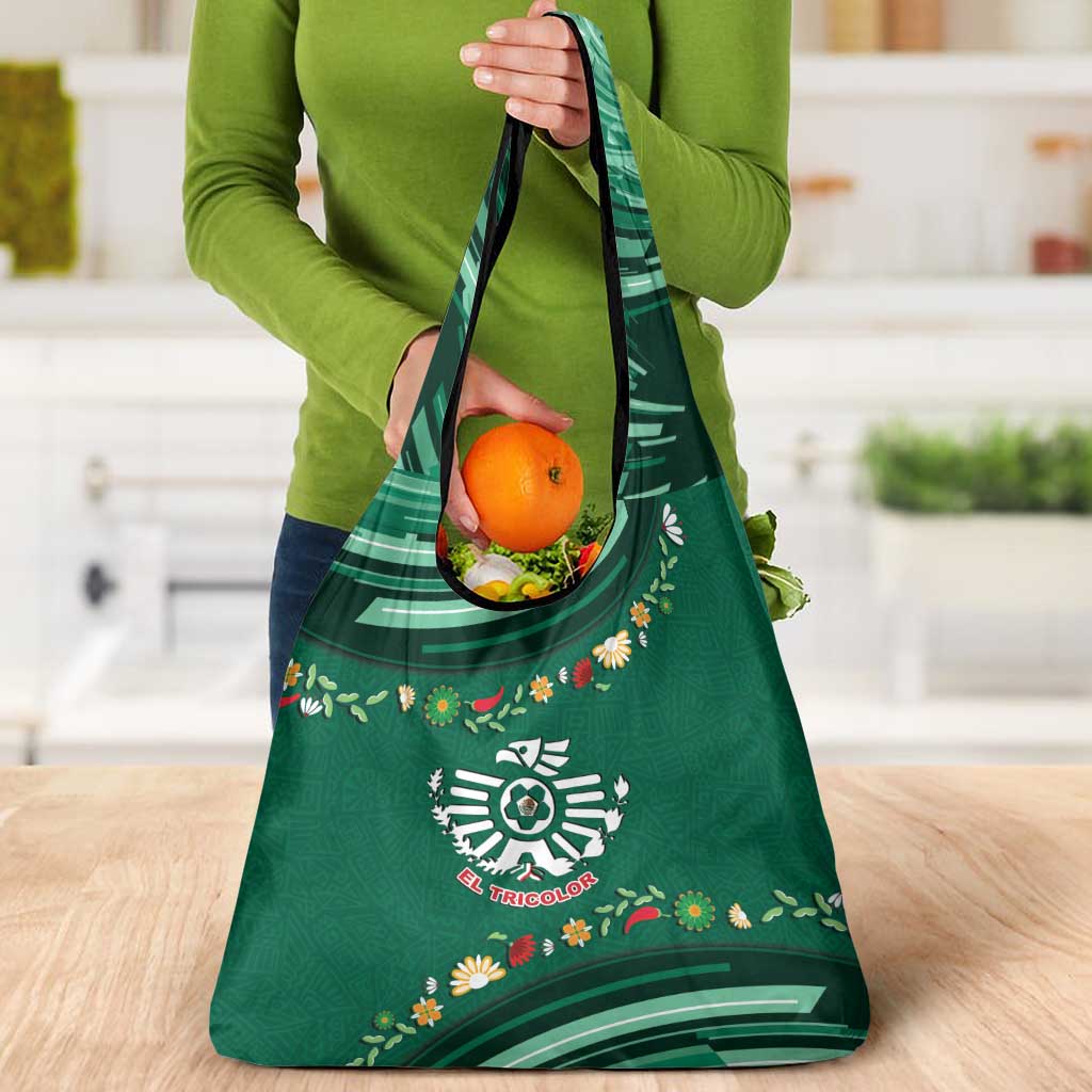 Mexico Football Grocery Bag Aztec Eagle With Mini Floral Patterns
