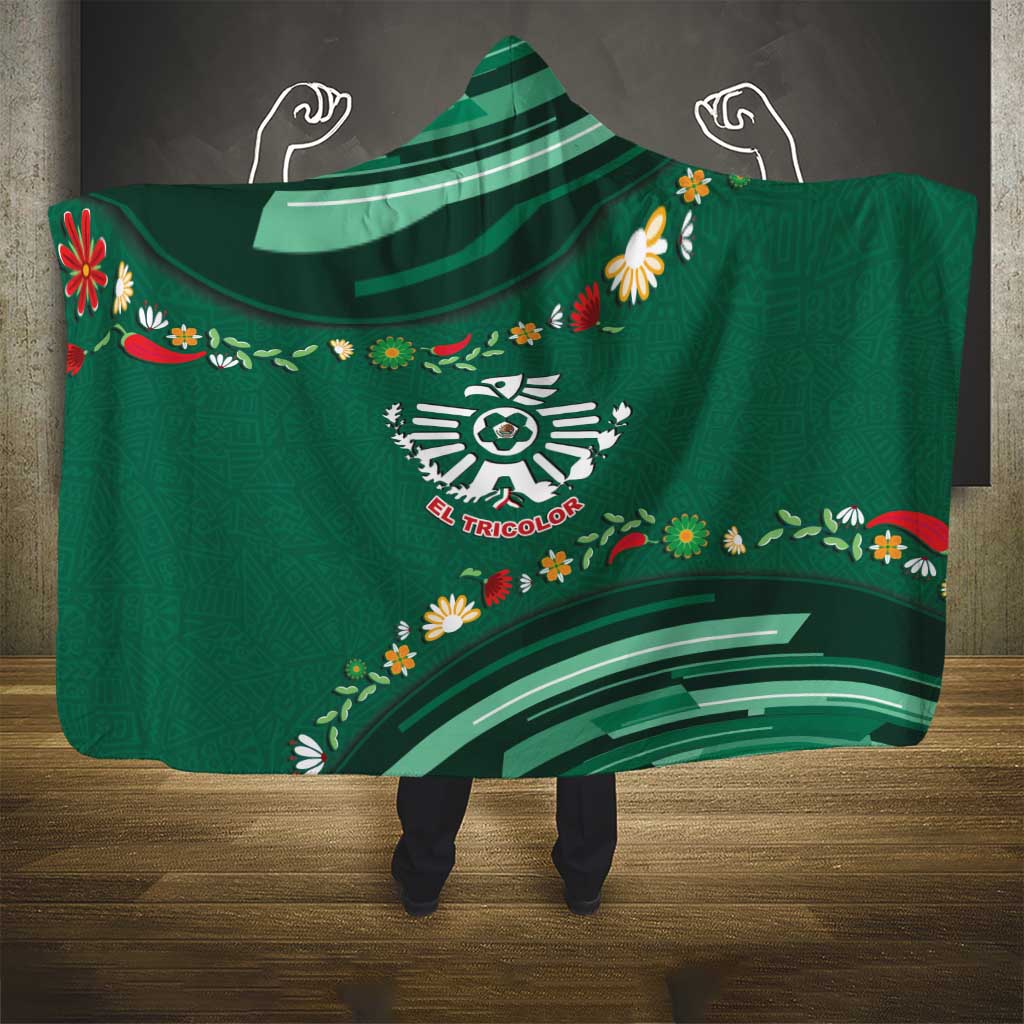 Mexico Football Hooded Blanket Aztec Eagle With Mini Floral Patterns