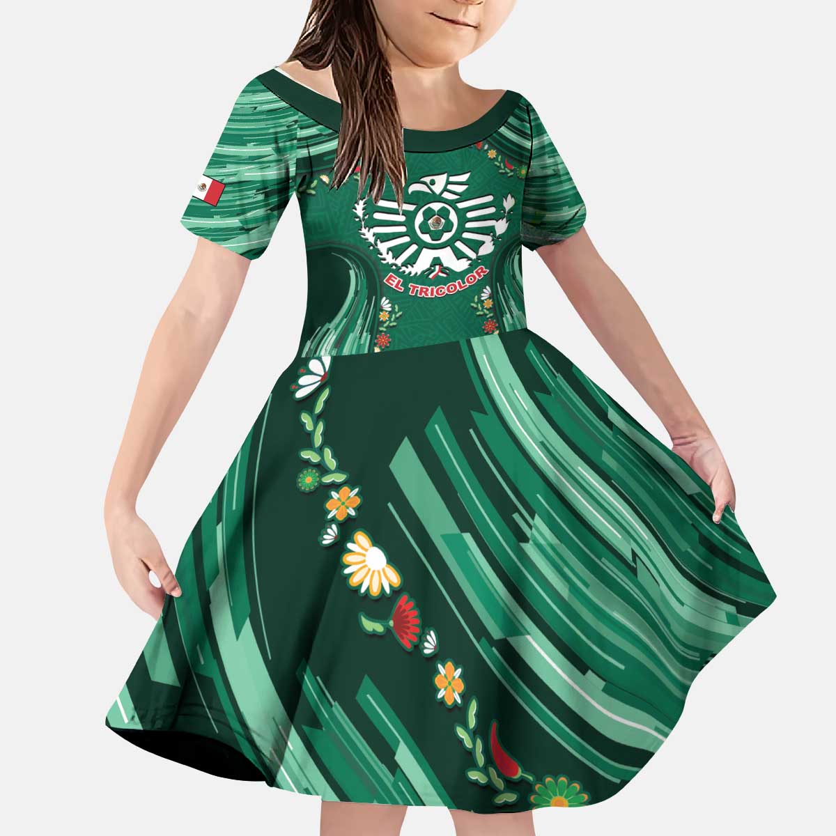 Custom Mexico Football Kid Short Sleeve Dress Aztec Eagle With Mini Floral Patterns
