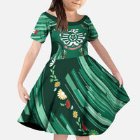 Custom Mexico Football Kid Short Sleeve Dress Aztec Eagle With Mini Floral Patterns