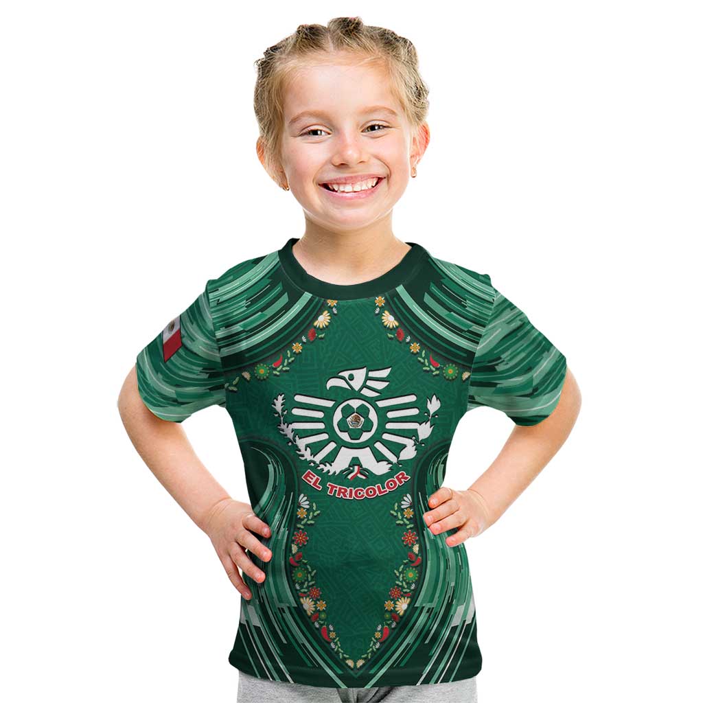 Custom Mexico Football Kid T Shirt Aztec Eagle With Mini Floral Patterns