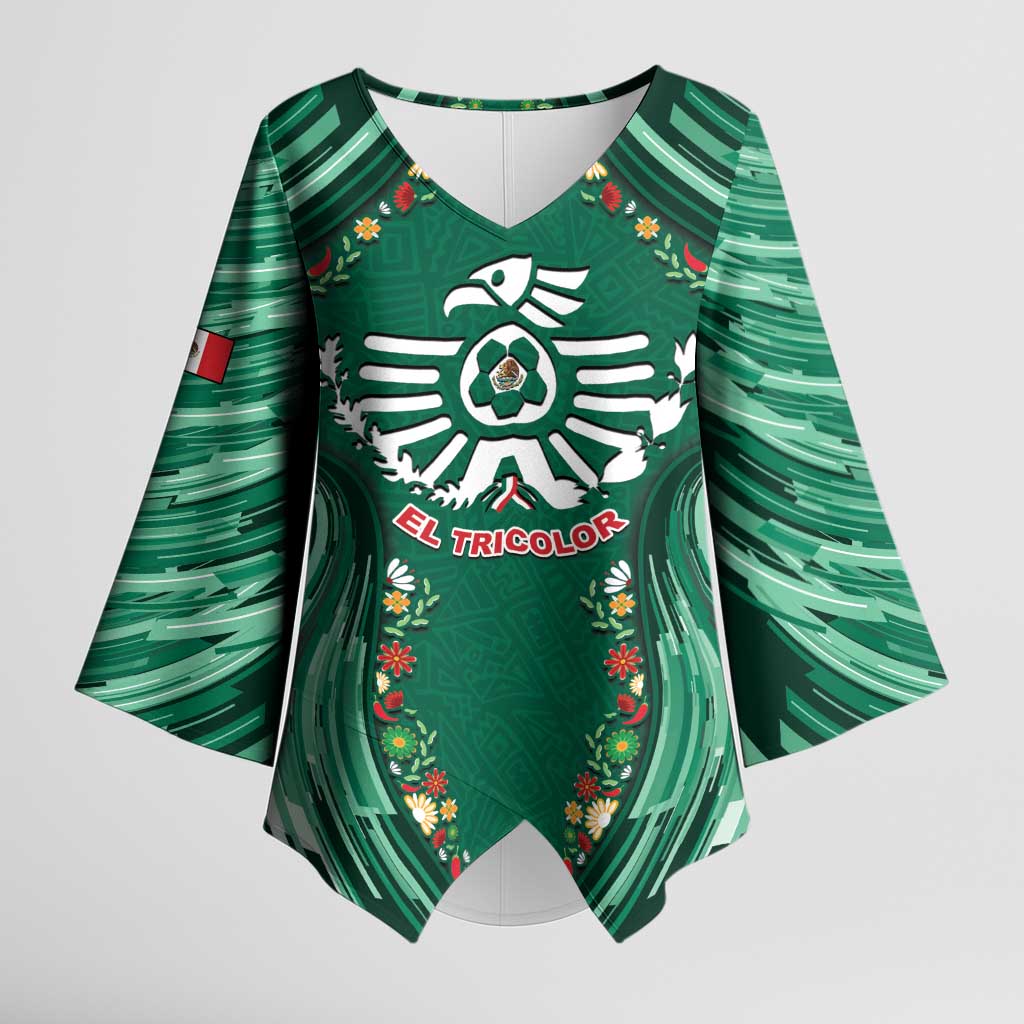 Custom Mexico Football Kimono Sleeve Blouse Aztec Eagle With Mini Floral Patterns