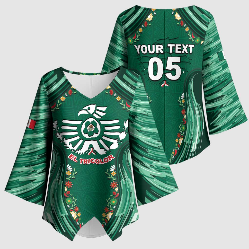 Custom Mexico Football Kimono Sleeve Blouse Aztec Eagle With Mini Floral Patterns