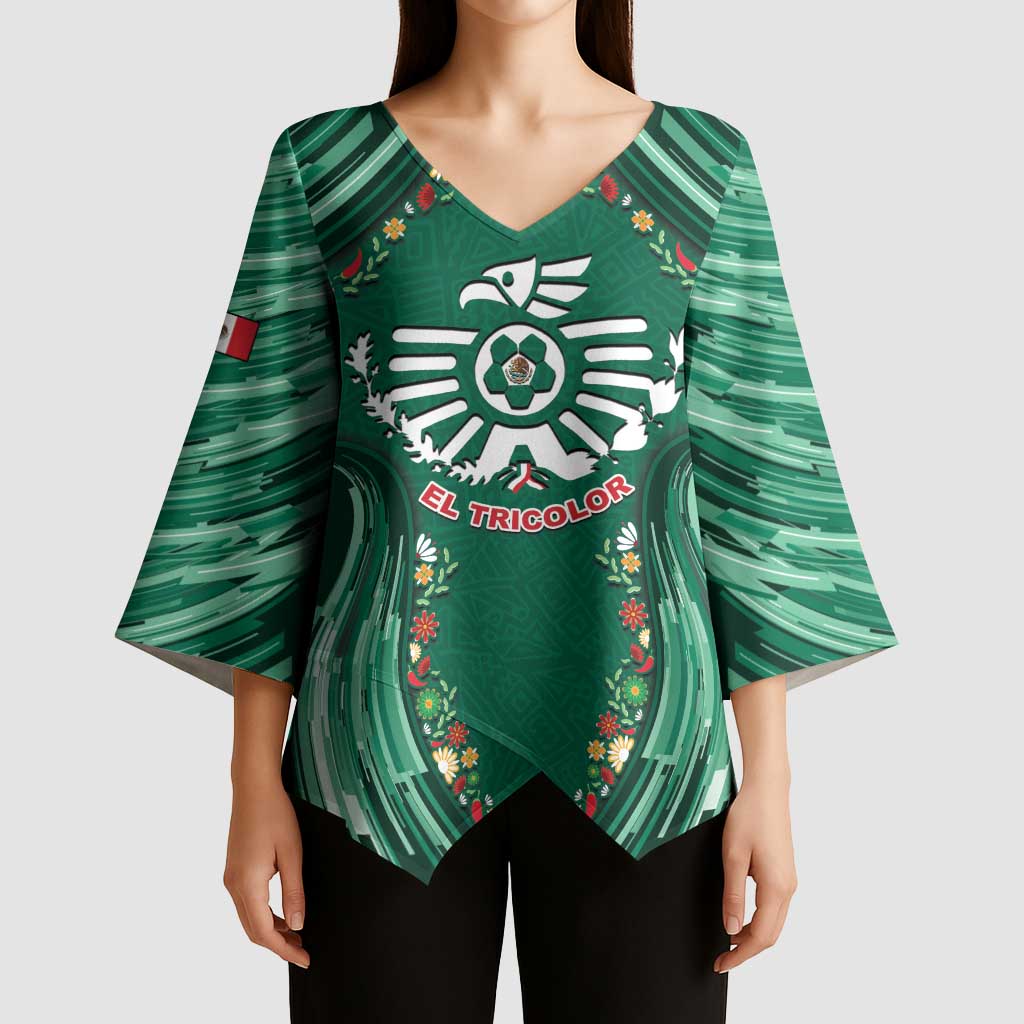 Custom Mexico Football Kimono Sleeve Blouse Aztec Eagle With Mini Floral Patterns