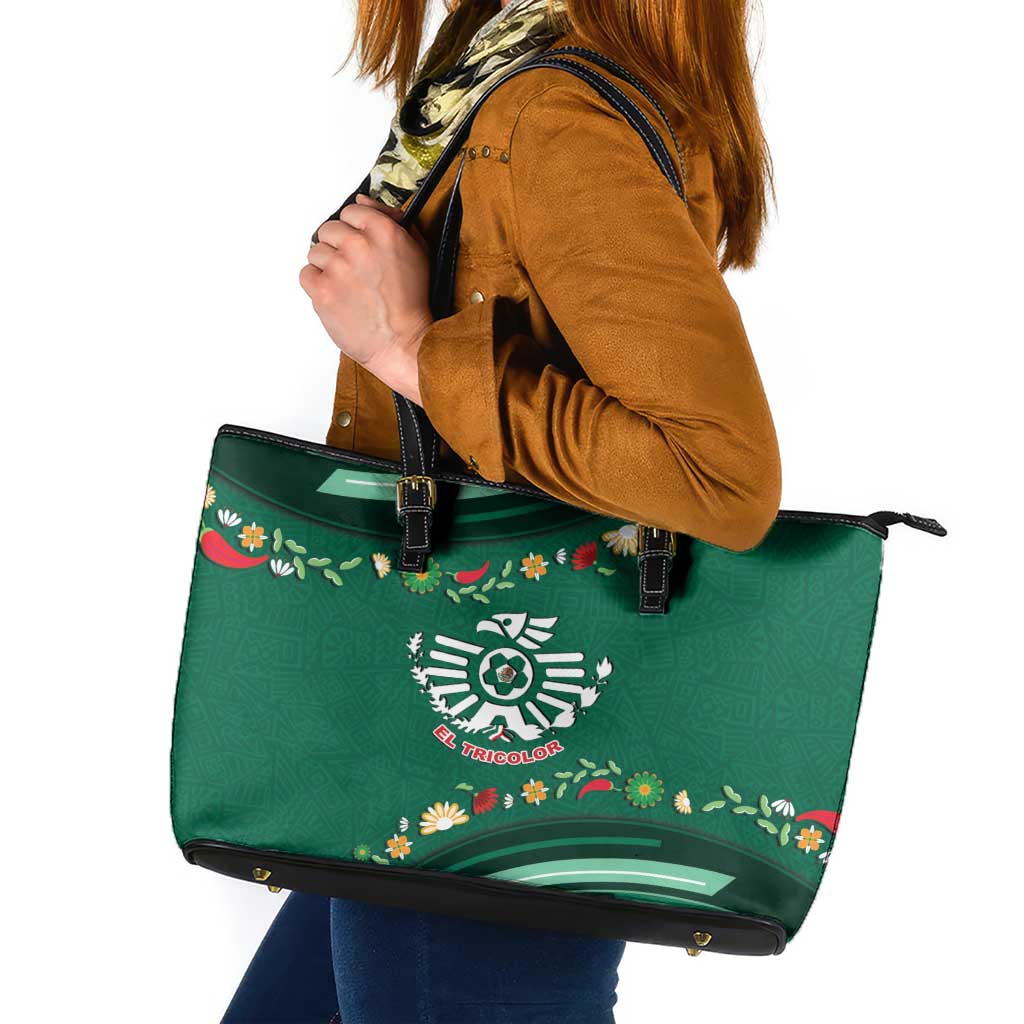 Mexico Football Leather Tote Bag Aztec Eagle With Mini Floral Patterns