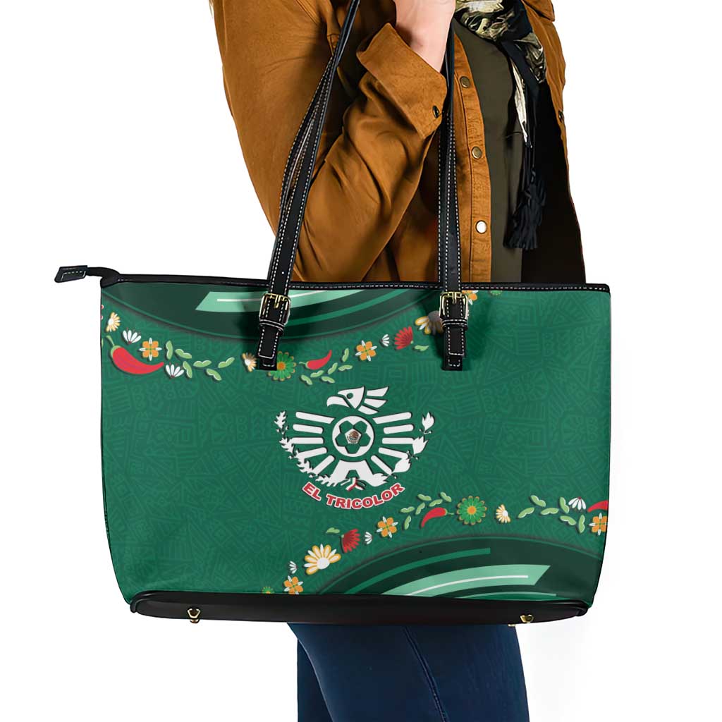Mexico Football Leather Tote Bag Aztec Eagle With Mini Floral Patterns