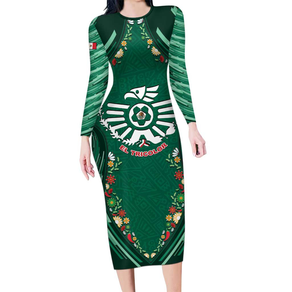 Custom Mexico Football Long Sleeve Bodycon Dress Aztec Eagle With Mini Floral Patterns