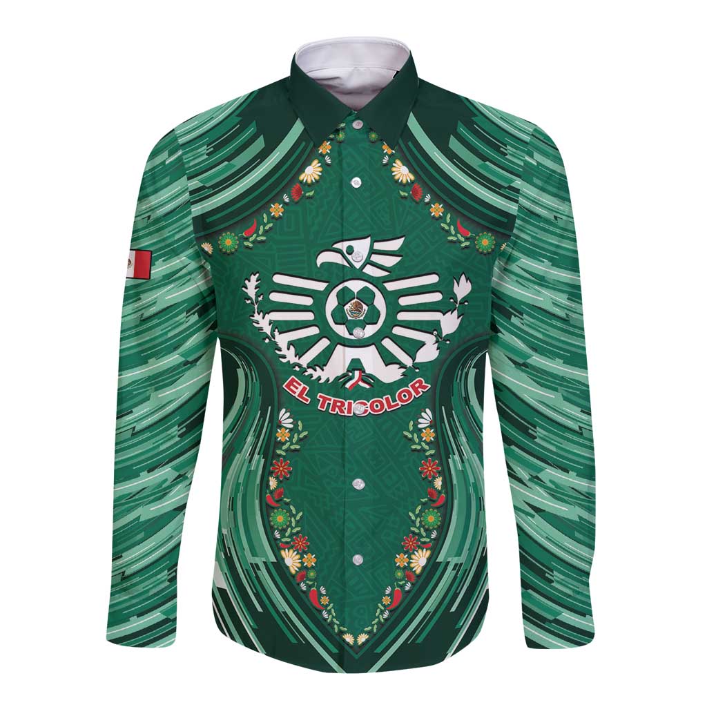 Custom Mexico Football Long Sleeve Button Shirt Aztec Eagle With Mini Floral Patterns