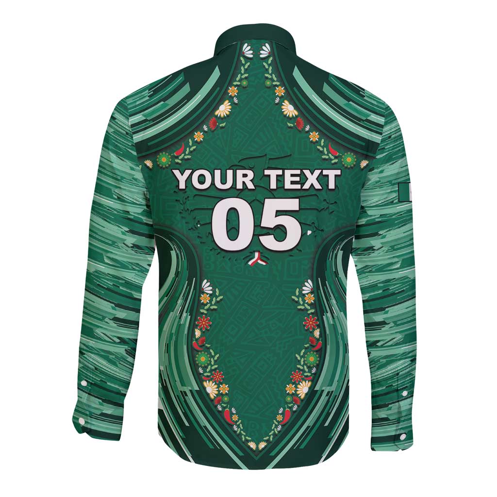 Custom Mexico Football Long Sleeve Button Shirt Aztec Eagle With Mini Floral Patterns