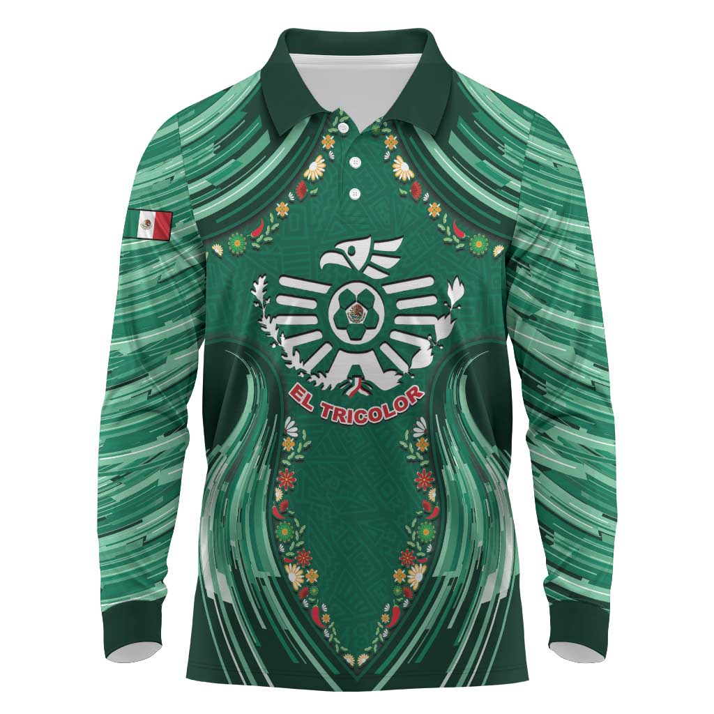 Custom Mexico Football Long Sleeve Polo Shirt Aztec Eagle With Mini Floral Patterns