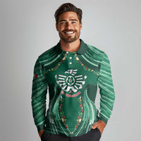 Custom Mexico Football Long Sleeve Polo Shirt Aztec Eagle With Mini Floral Patterns