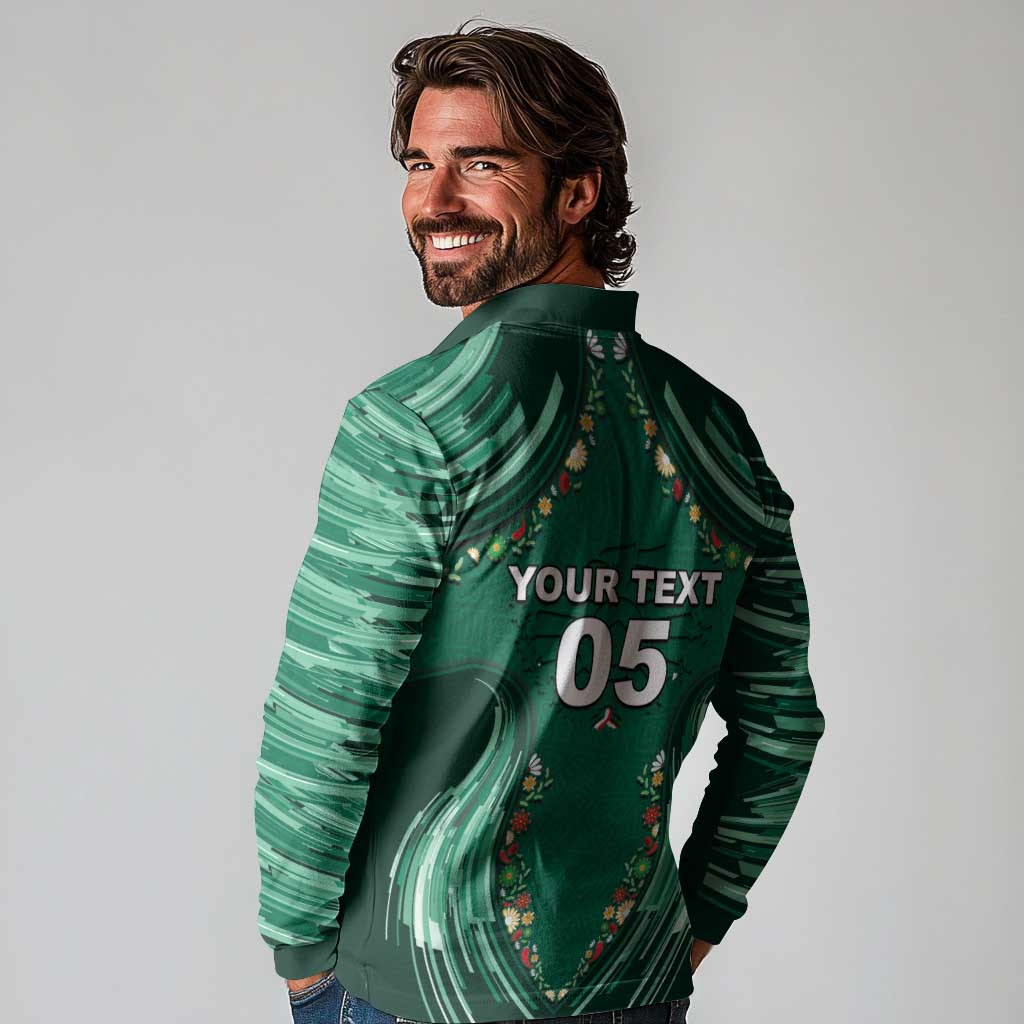 Custom Mexico Football Long Sleeve Polo Shirt Aztec Eagle With Mini Floral Patterns