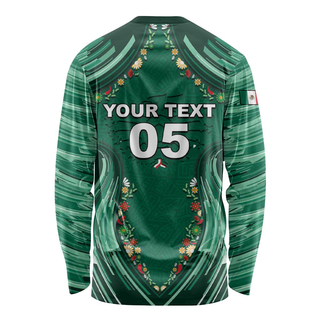 Custom Mexico Football Long Sleeve Shirt Aztec Eagle With Mini Floral Patterns