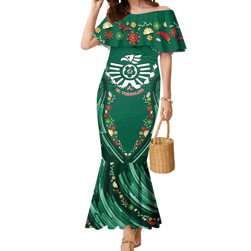 Custom Mexico Football Mermaid Dress Aztec Eagle With Mini Floral Patterns