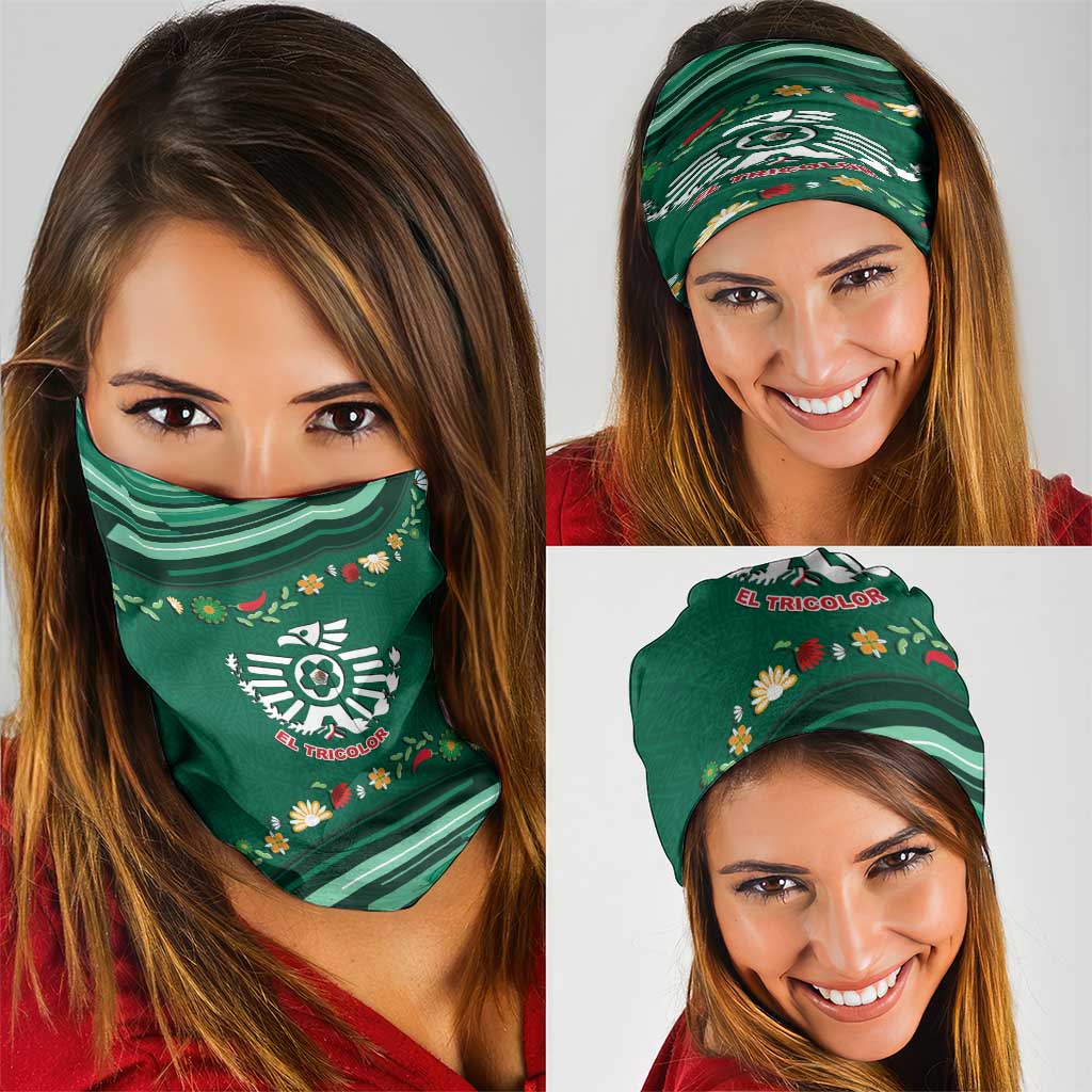 Mexico Football Neck Gaiter Aztec Eagle With Mini Floral Patterns
