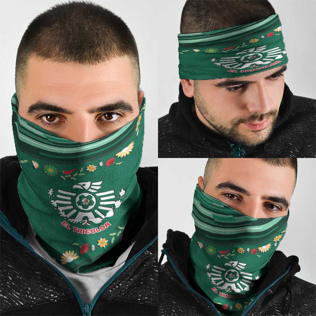 Mexico Football Neck Gaiter Aztec Eagle With Mini Floral Patterns