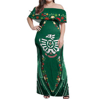 Custom Mexico Football Off Shoulder Maxi Dress Aztec Eagle With Mini Floral Patterns