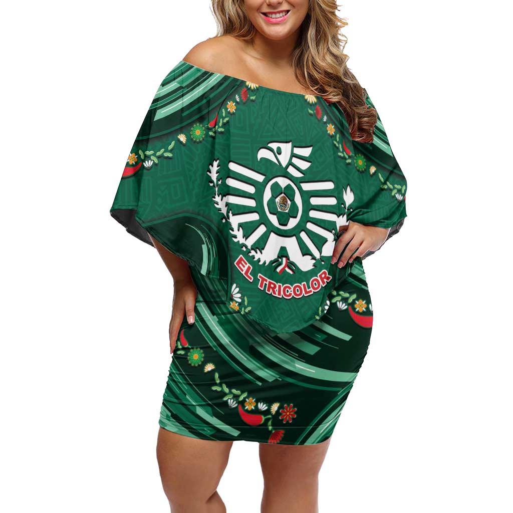 Custom Mexico Football Off Shoulder Short Dress Aztec Eagle With Mini Floral Patterns