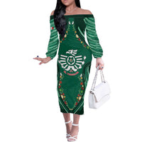 Custom Mexico Football Off The Shoulder Long Sleeve Dress Aztec Eagle With Mini Floral Patterns