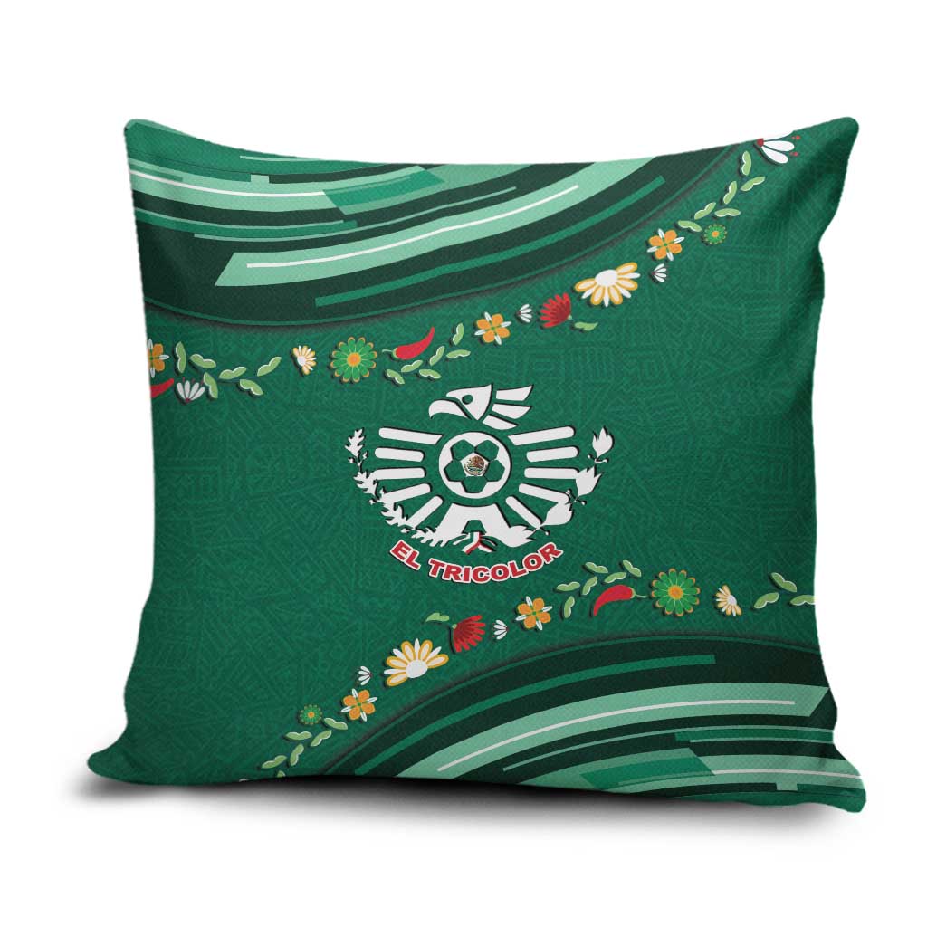 Mexico Football Pillow Cover Aztec Eagle With Mini Floral Patterns