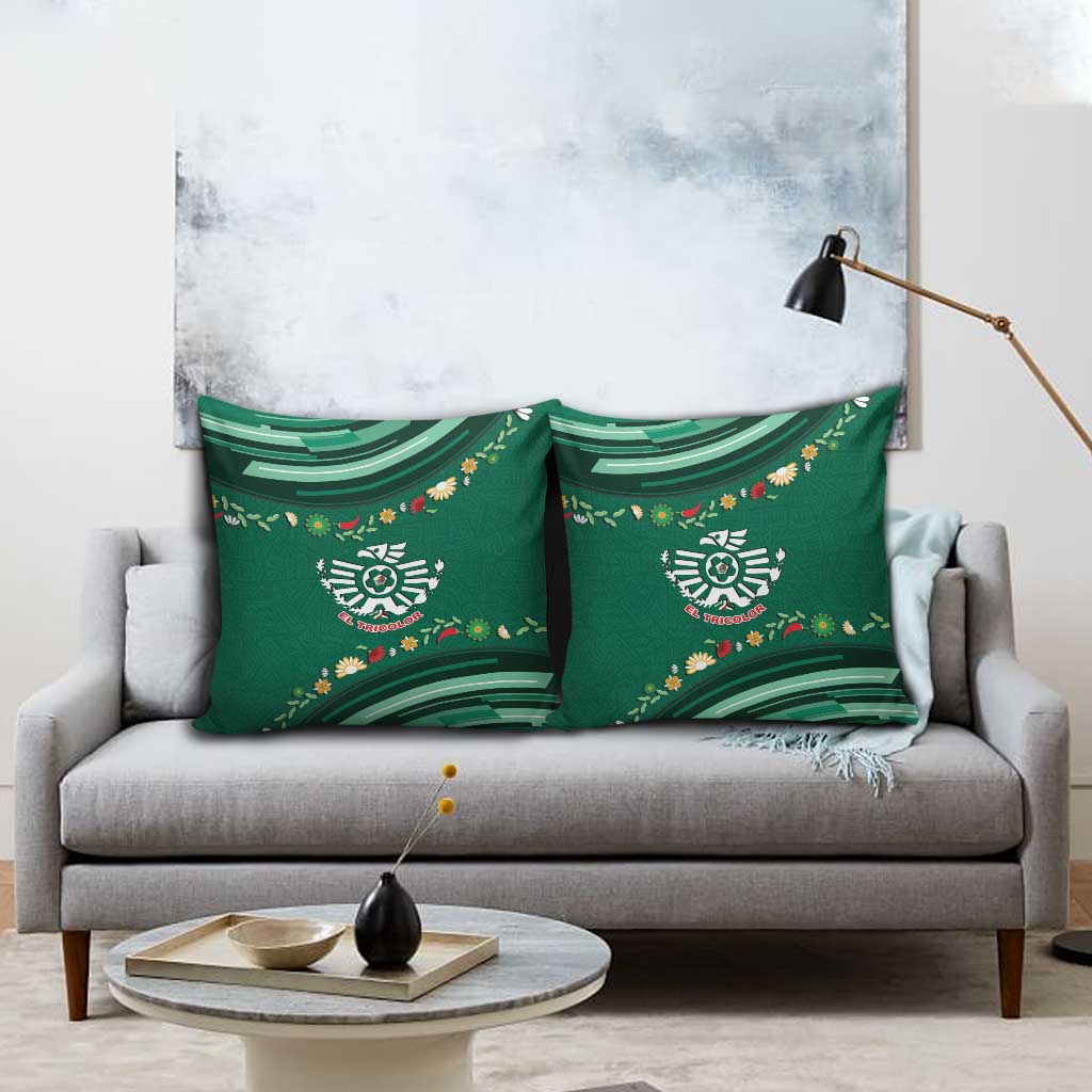 Mexico Football Pillow Cover Aztec Eagle With Mini Floral Patterns