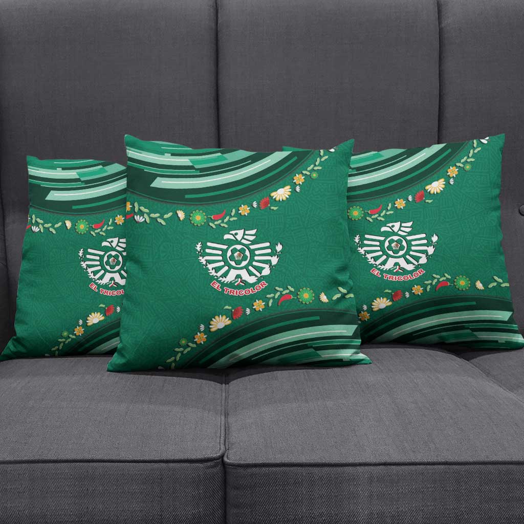 Mexico Football Pillow Cover Aztec Eagle With Mini Floral Patterns