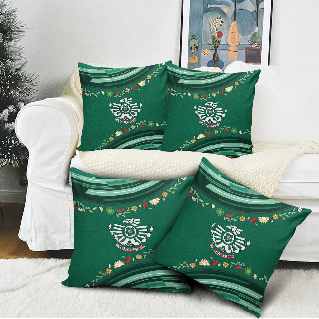 Mexico Football Pillow Cover Aztec Eagle With Mini Floral Patterns