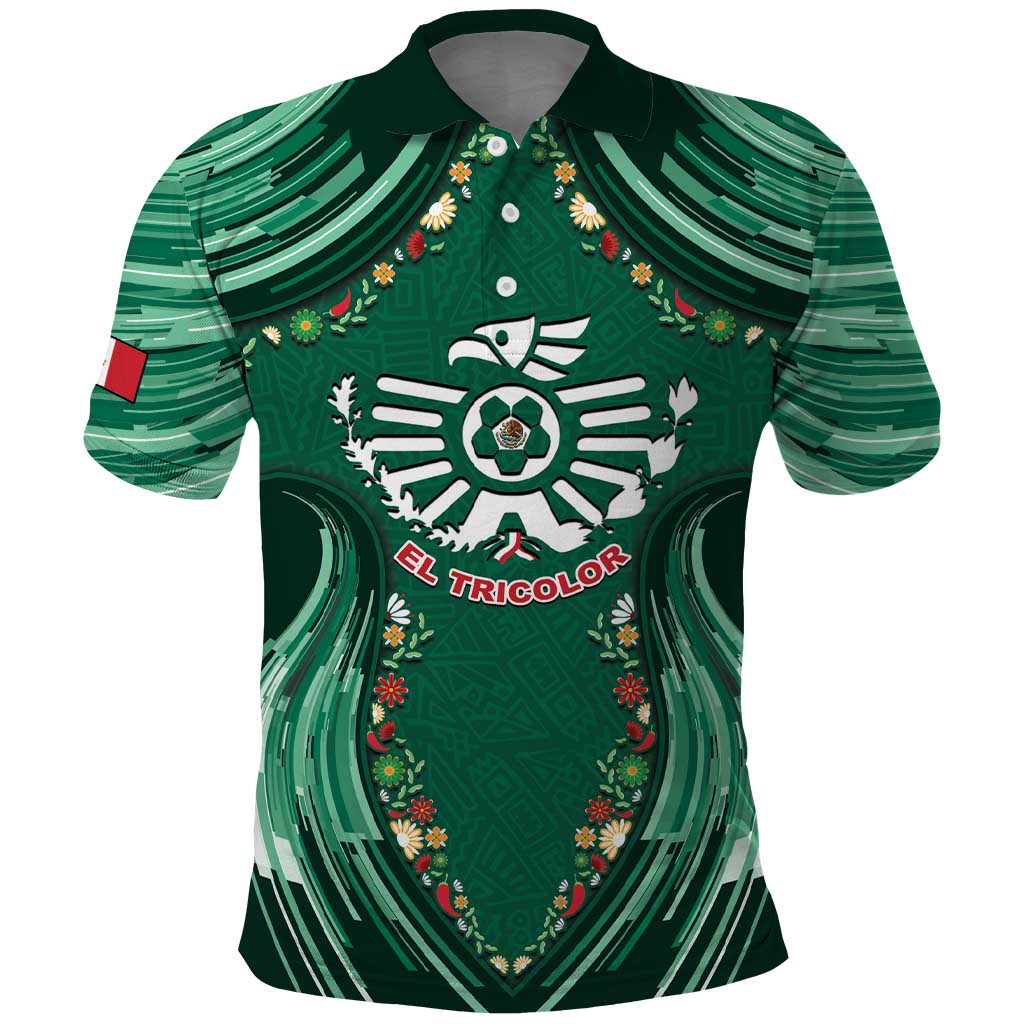 Custom Mexico Football Polo Shirt Aztec Eagle With Mini Floral Patterns
