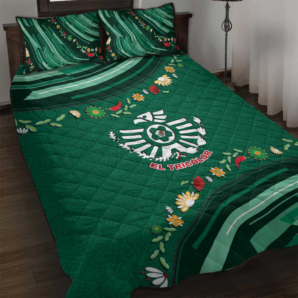 Mexico Football Quilt Bed Set Aztec Eagle With Mini Floral Patterns