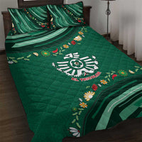 Mexico Football Quilt Bed Set Aztec Eagle With Mini Floral Patterns