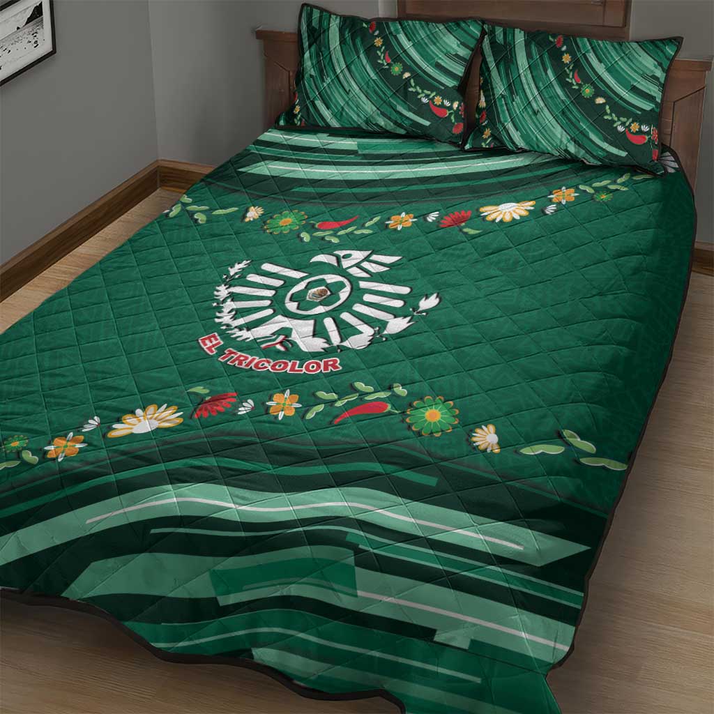 Mexico Football Quilt Bed Set Aztec Eagle With Mini Floral Patterns