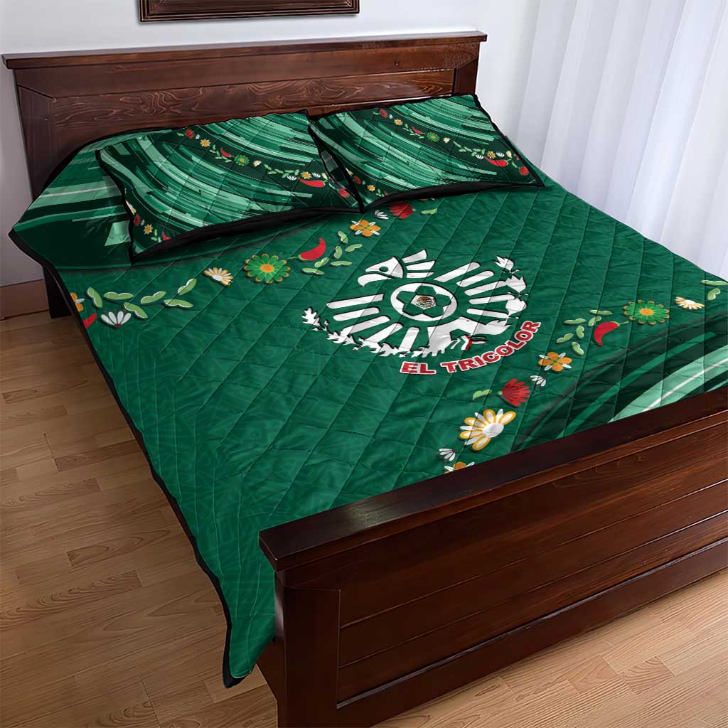 Mexico Football Quilt Bed Set Aztec Eagle With Mini Floral Patterns