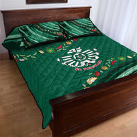 Mexico Football Quilt Bed Set Aztec Eagle With Mini Floral Patterns