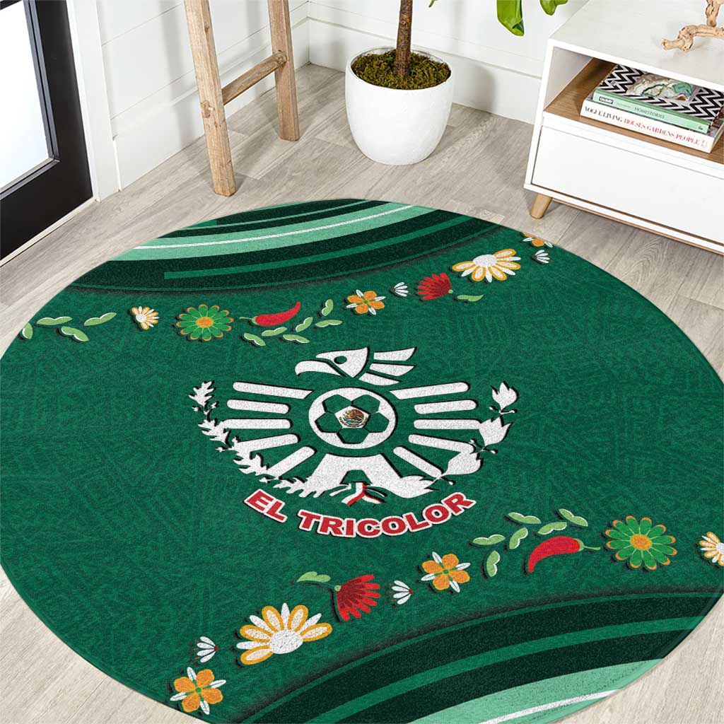 Mexico Football Round Carpet Aztec Eagle With Mini Floral Patterns