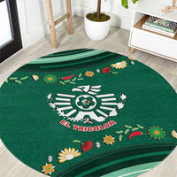 Mexico Football Round Carpet Aztec Eagle With Mini Floral Patterns