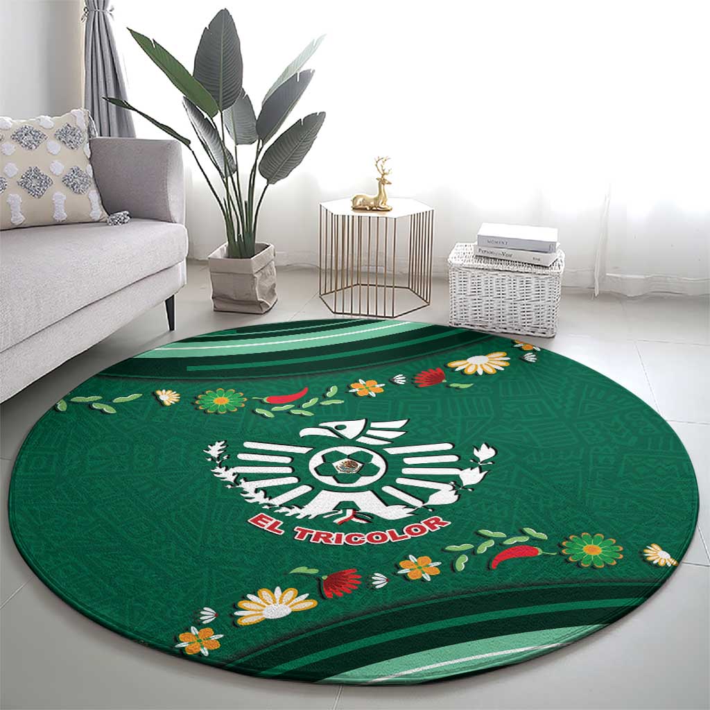 Mexico Football Round Carpet Aztec Eagle With Mini Floral Patterns