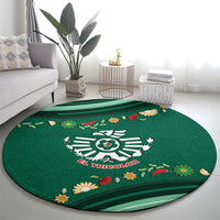 Mexico Football Round Carpet Aztec Eagle With Mini Floral Patterns