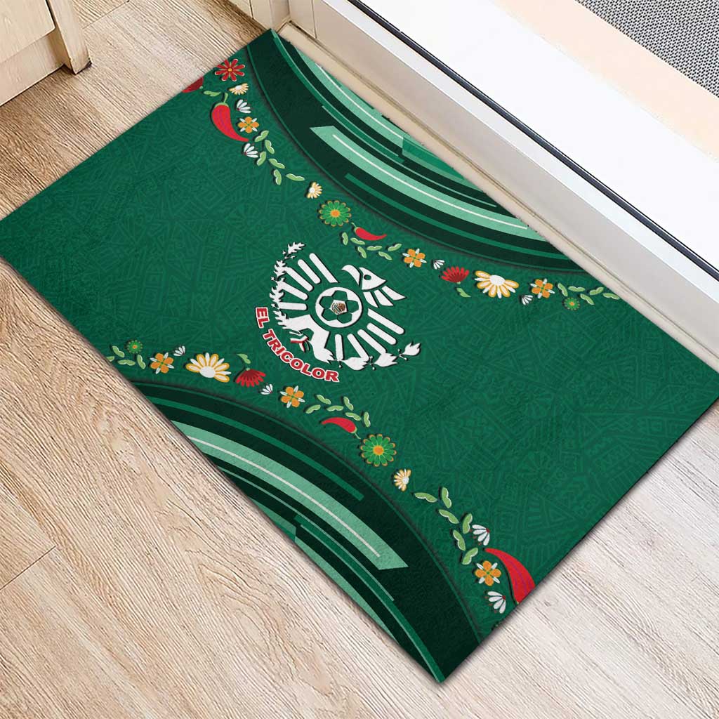 Mexico Football Rubber Doormat Aztec Eagle With Mini Floral Patterns