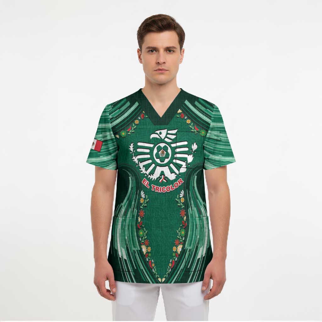 Custom Mexico Football Scrub Top Aztec Eagle With Mini Floral Patterns