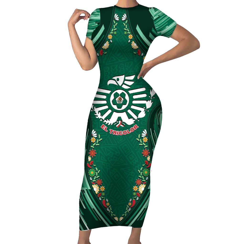 Custom Mexico Football Short Sleeve Bodycon Dress Aztec Eagle With Mini Floral Patterns