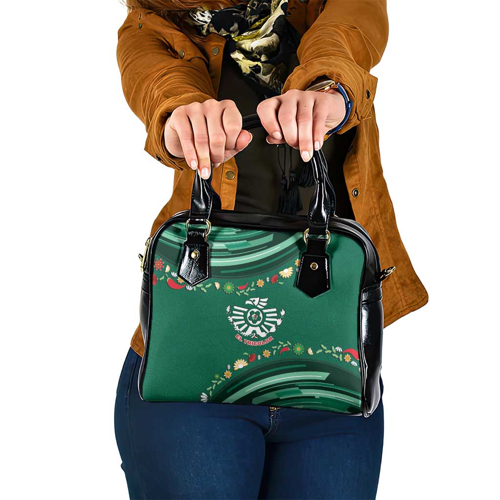 Mexico Football Shoulder Handbag Aztec Eagle With Mini Floral Patterns