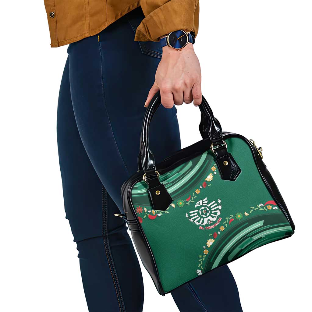 Mexico Football Shoulder Handbag Aztec Eagle With Mini Floral Patterns